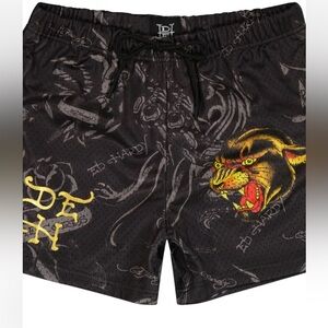 Ed Hardy Black and Gold Graphic Panther Mesh Shorts L